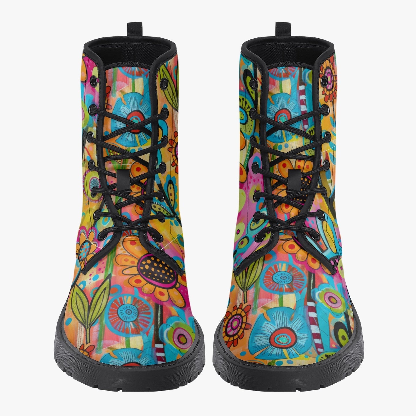 Floral Artwork Leather Combat Boots