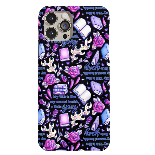 a phone case with a pattern of books and roses