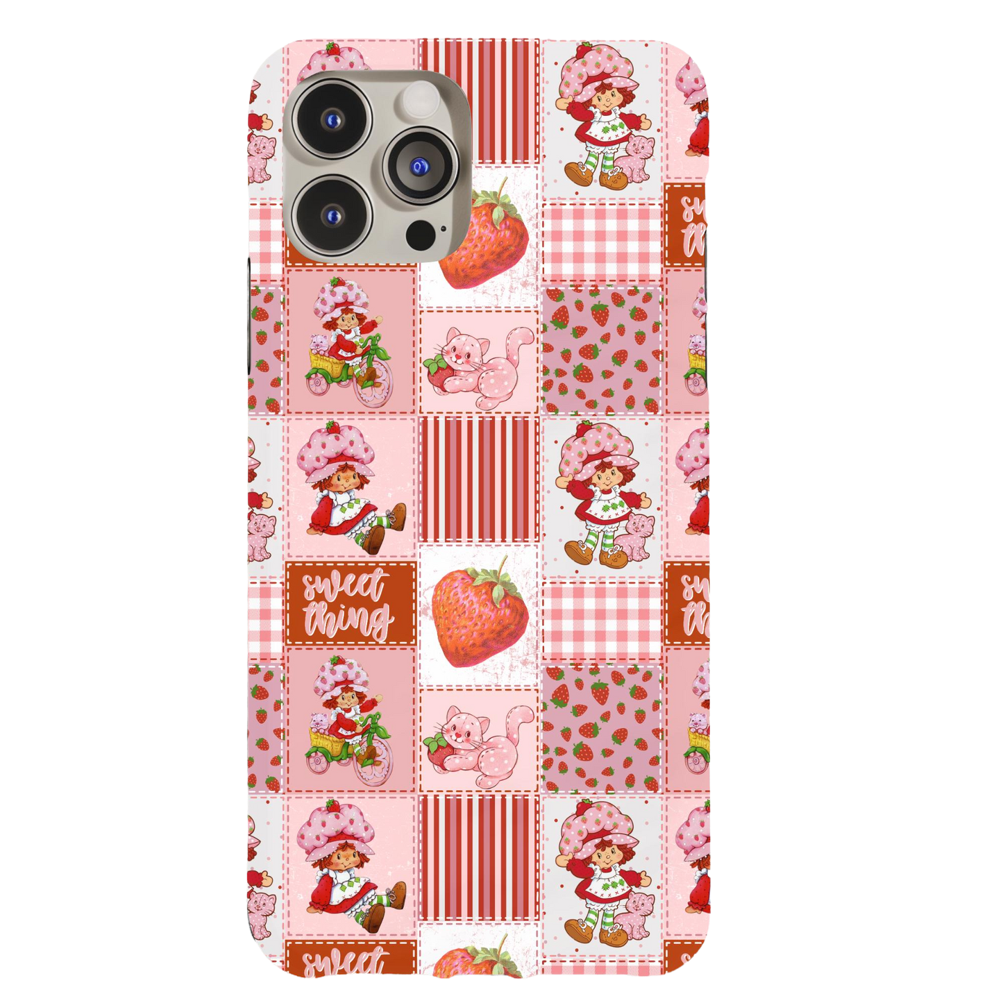 a pink phone case with a strawberry on it