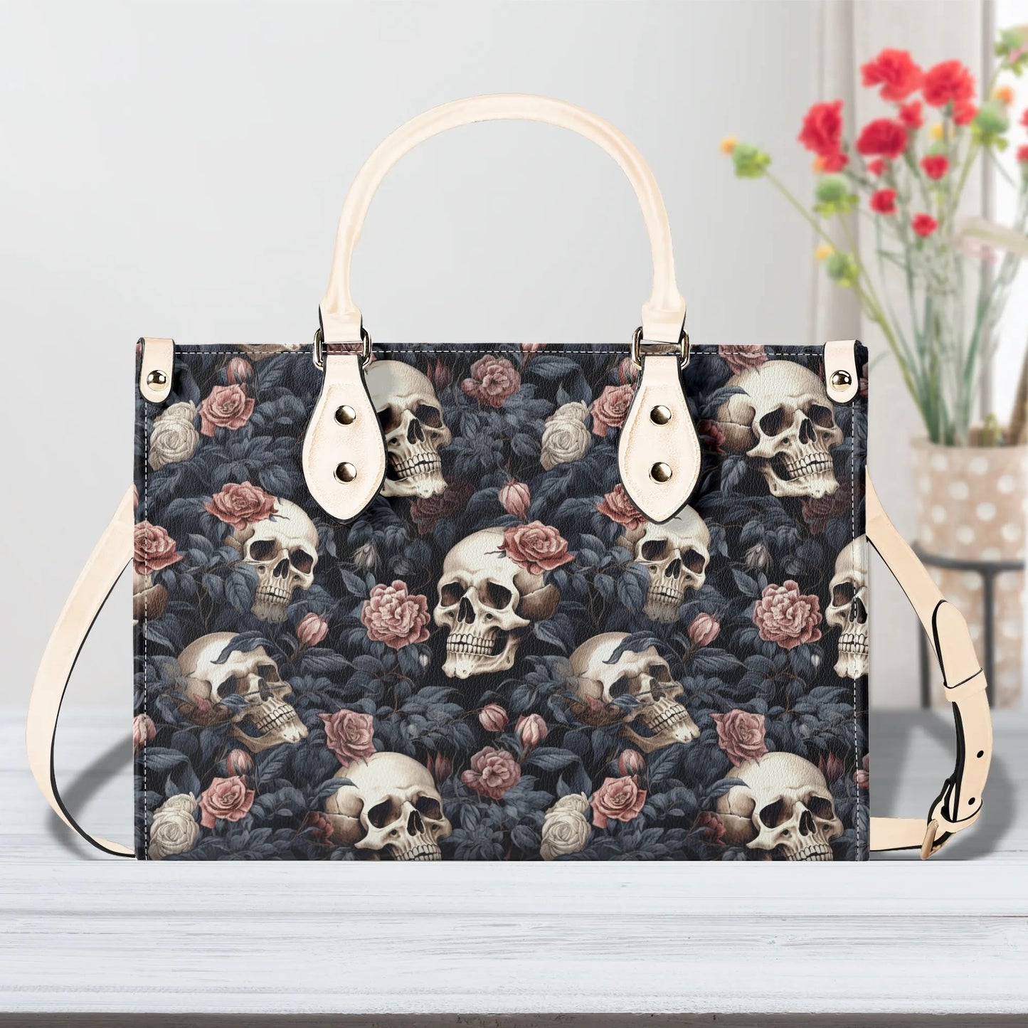 Gothic Skulls Pink Floral Luxury Women PU Leather Handbag