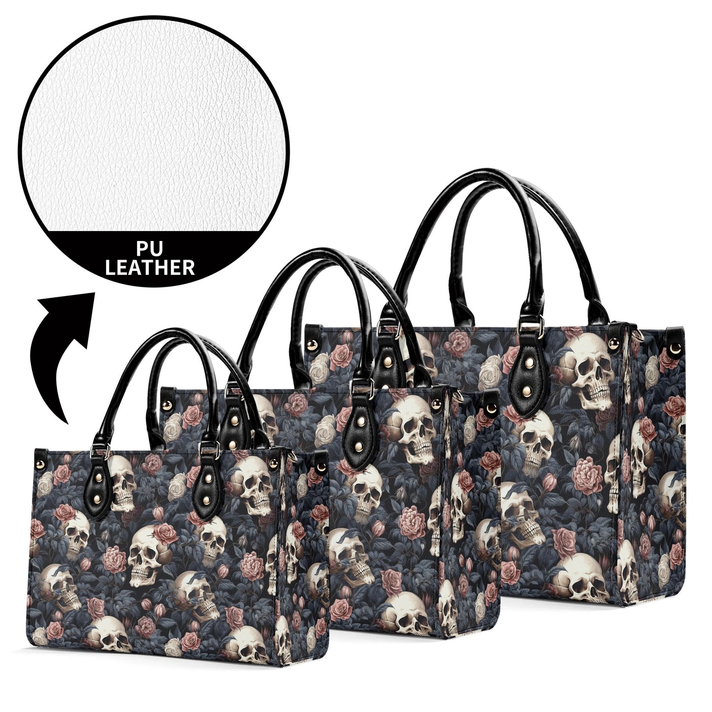 Gothic Skulls Pink Floral Luxury Women PU Leather Handbag