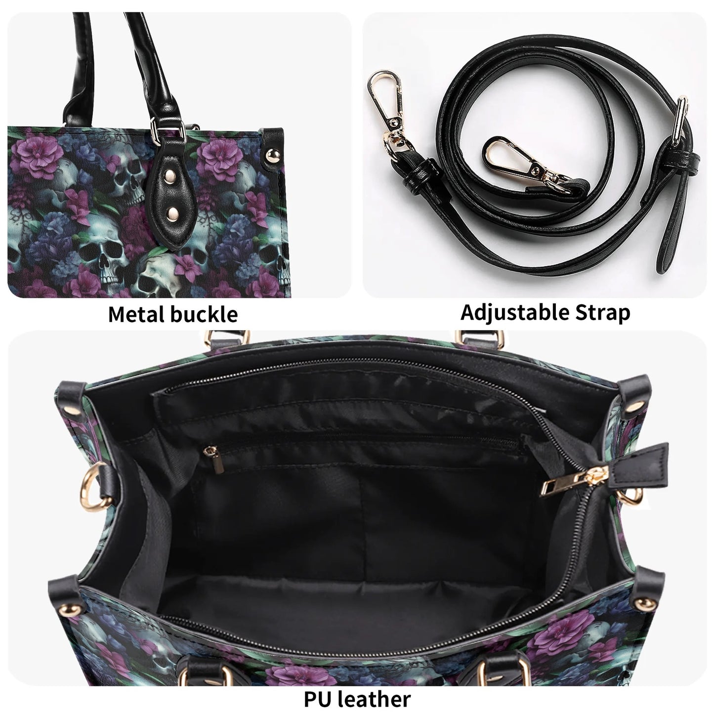 Gothic Skulls Purple Floral Luxury Women PU Leather Handbag