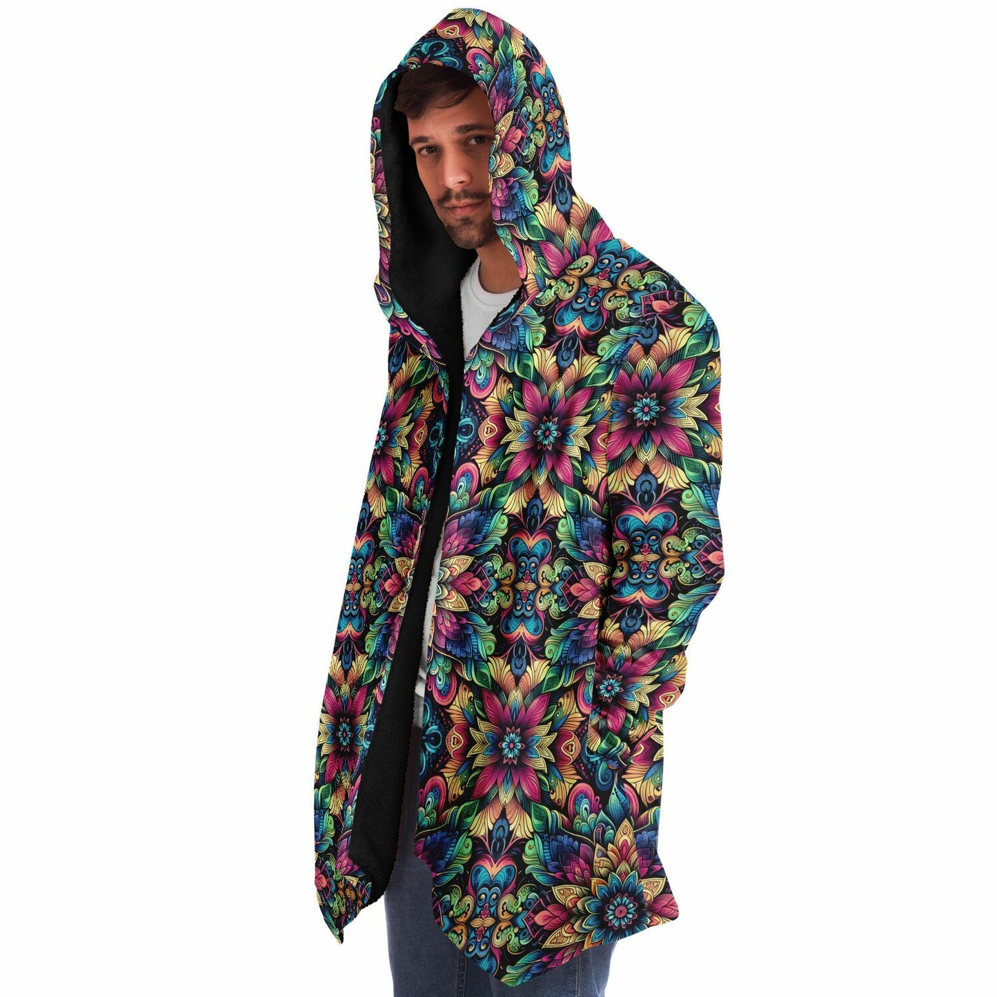 Psychedelic Steampunk Floral Mandala Rave Festival Cloak | Winter Fleece Festival Coat