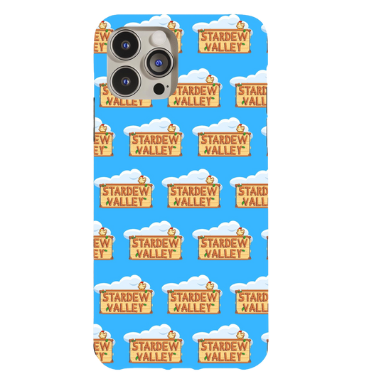 a blue phone case with a pattern of yellow words and clouds