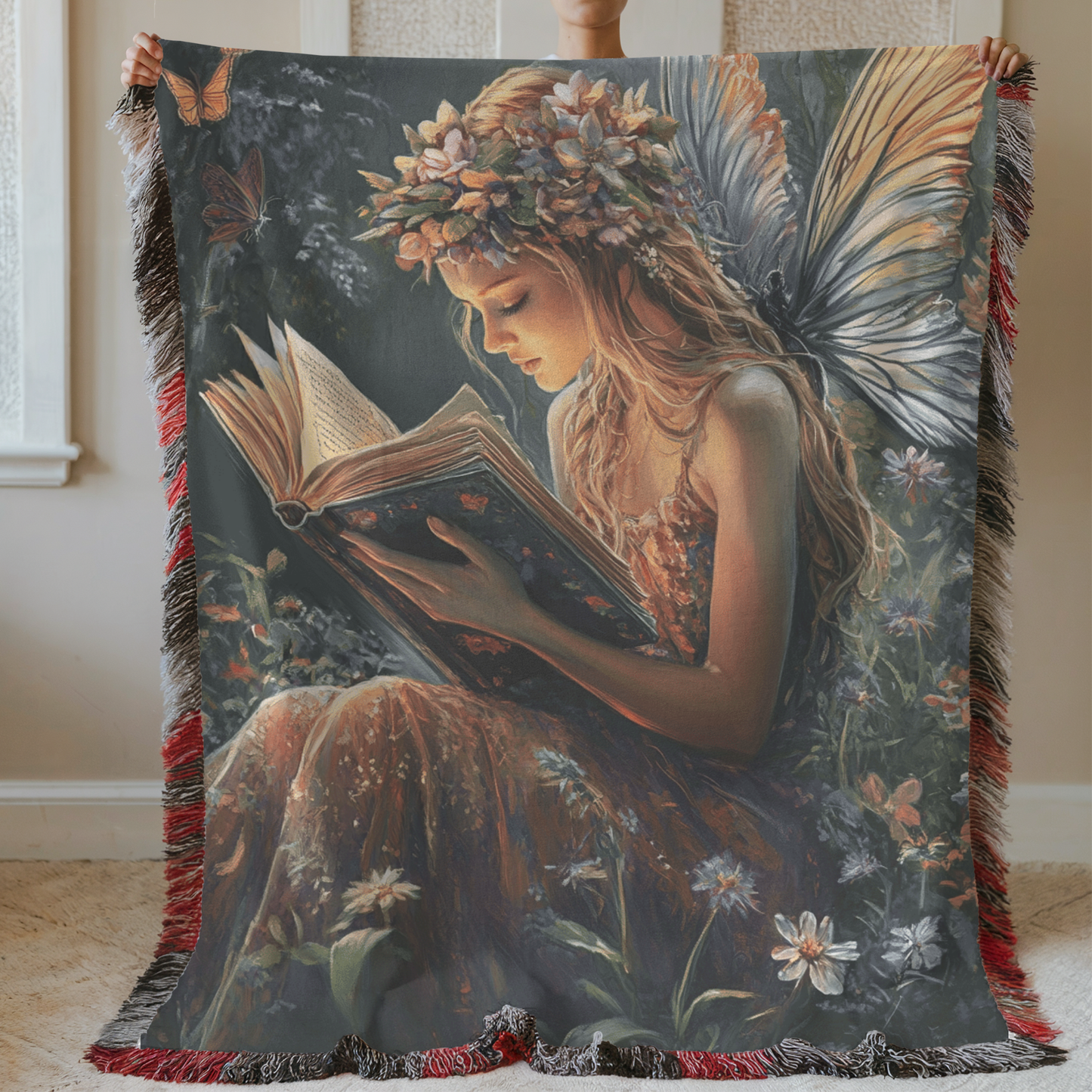 Fantasy Drawing Faerie Reading Book Woven & Sherpa Fleece Blankets