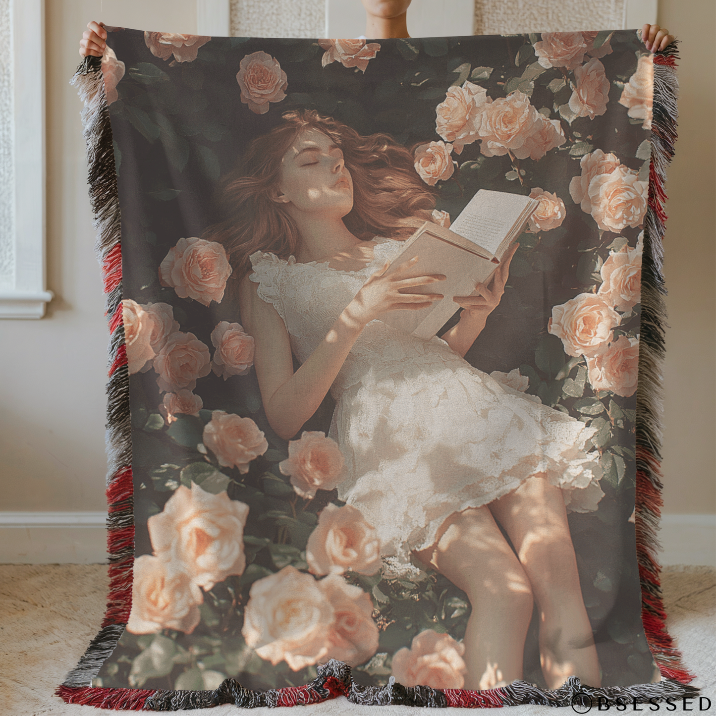 Bookish Girl Reading in Flowers Woven & Sherpa Fleece Blankets