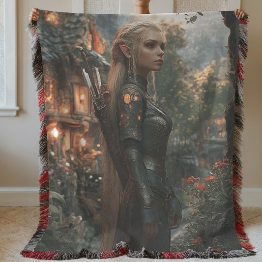 Fantasy Blonde Warrior Fairy in Village Woven & Sherpa Fleece Blankets