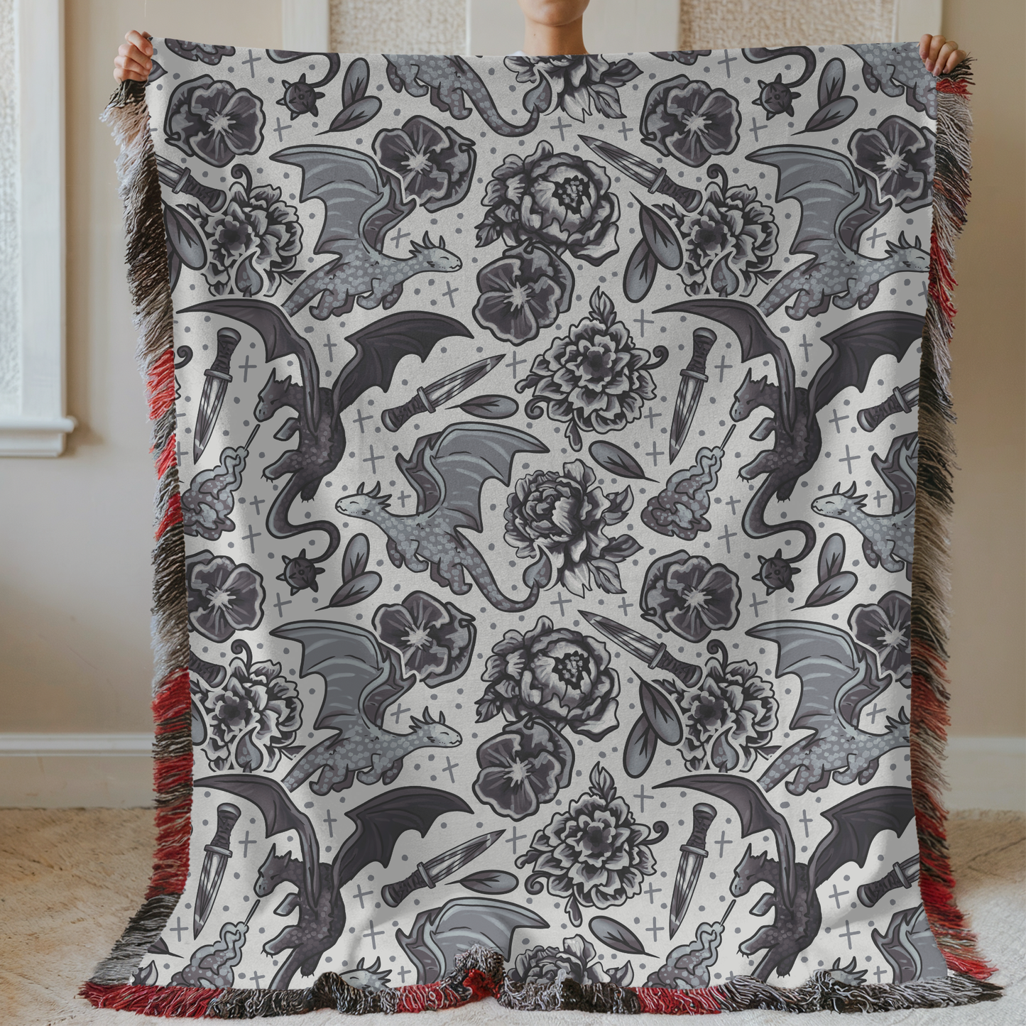 Dragon Porcelain Pattern Woven & Sherpa Fleece Blankets