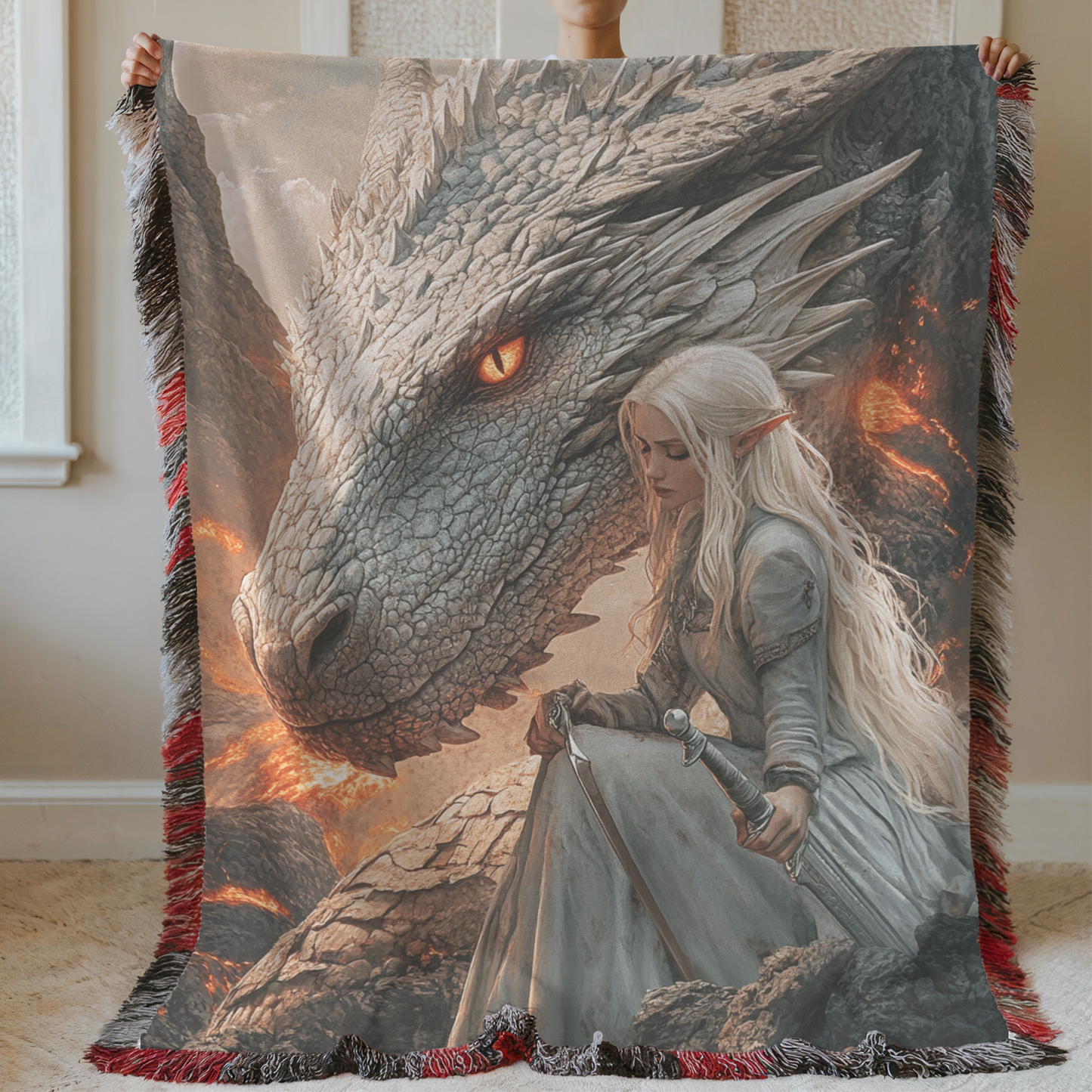 Fantasy Faerie and White Dragon Woven & Sherpa Fleece Blankets