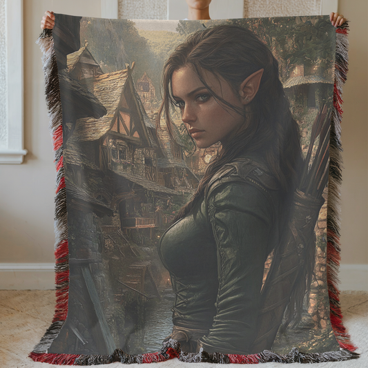 Fantasy Brunette Warrior Fairy in Village Woven & Sherpa Fleece Blankets