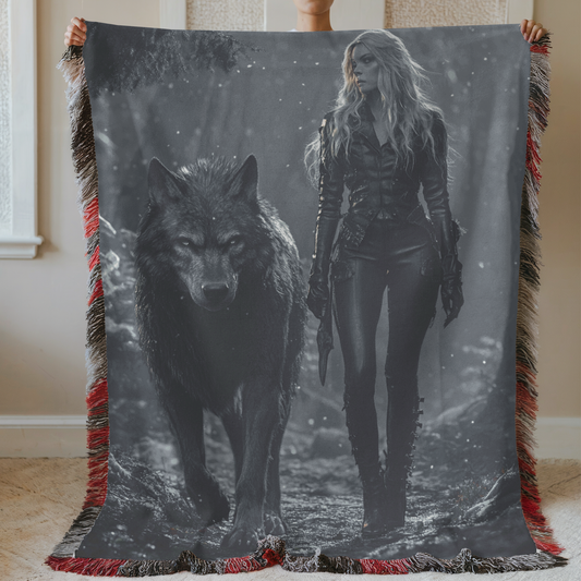 Fantasy Woman Warrior and Her Werewolf Woven & Sherpa Fleece Blankets