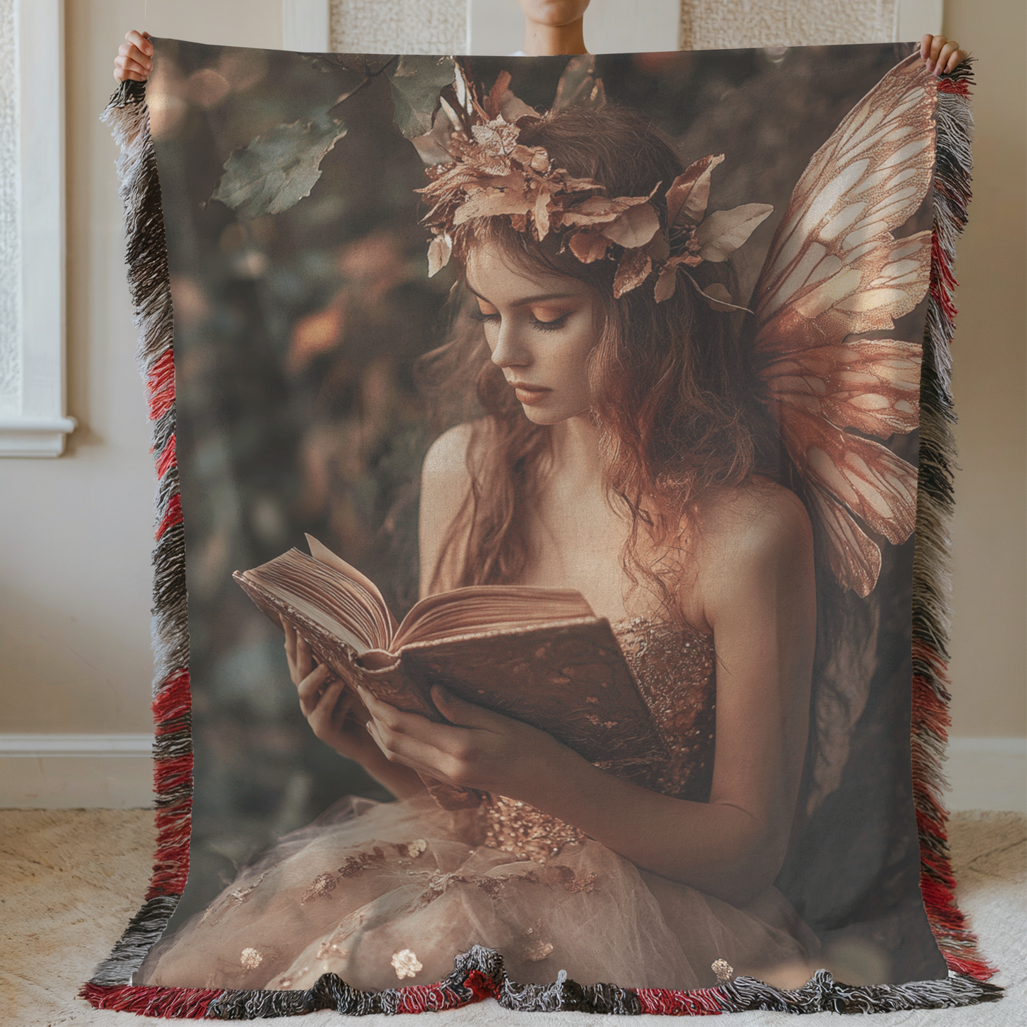 Rose Gold Fantasy Faerie Reading Book Woven & Sherpa Fleece Blankets