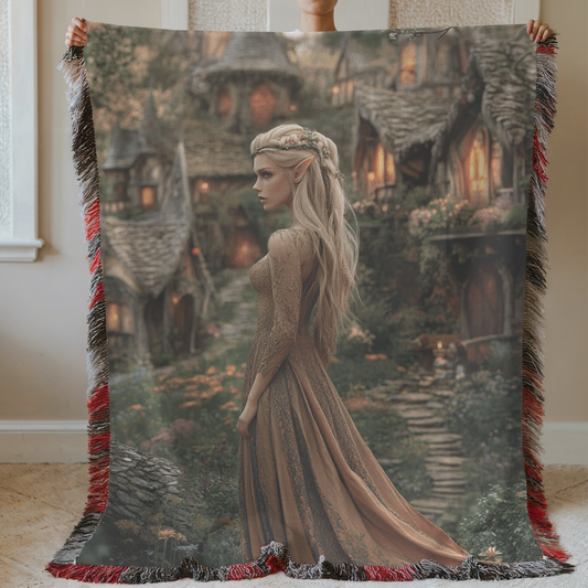 Fantasy Blonde Fairy in Village Woven & Sherpa Fleece Blankets