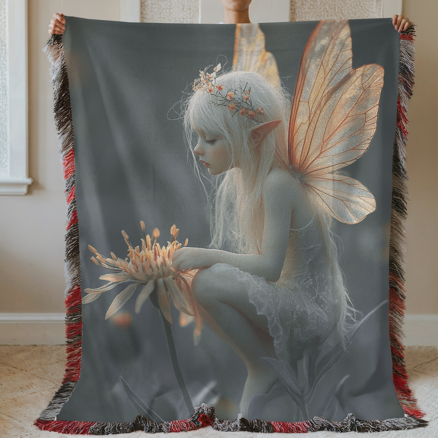 Fantasy Fairy Sitting In A Flower Woven & Sherpa Fleece Blankets