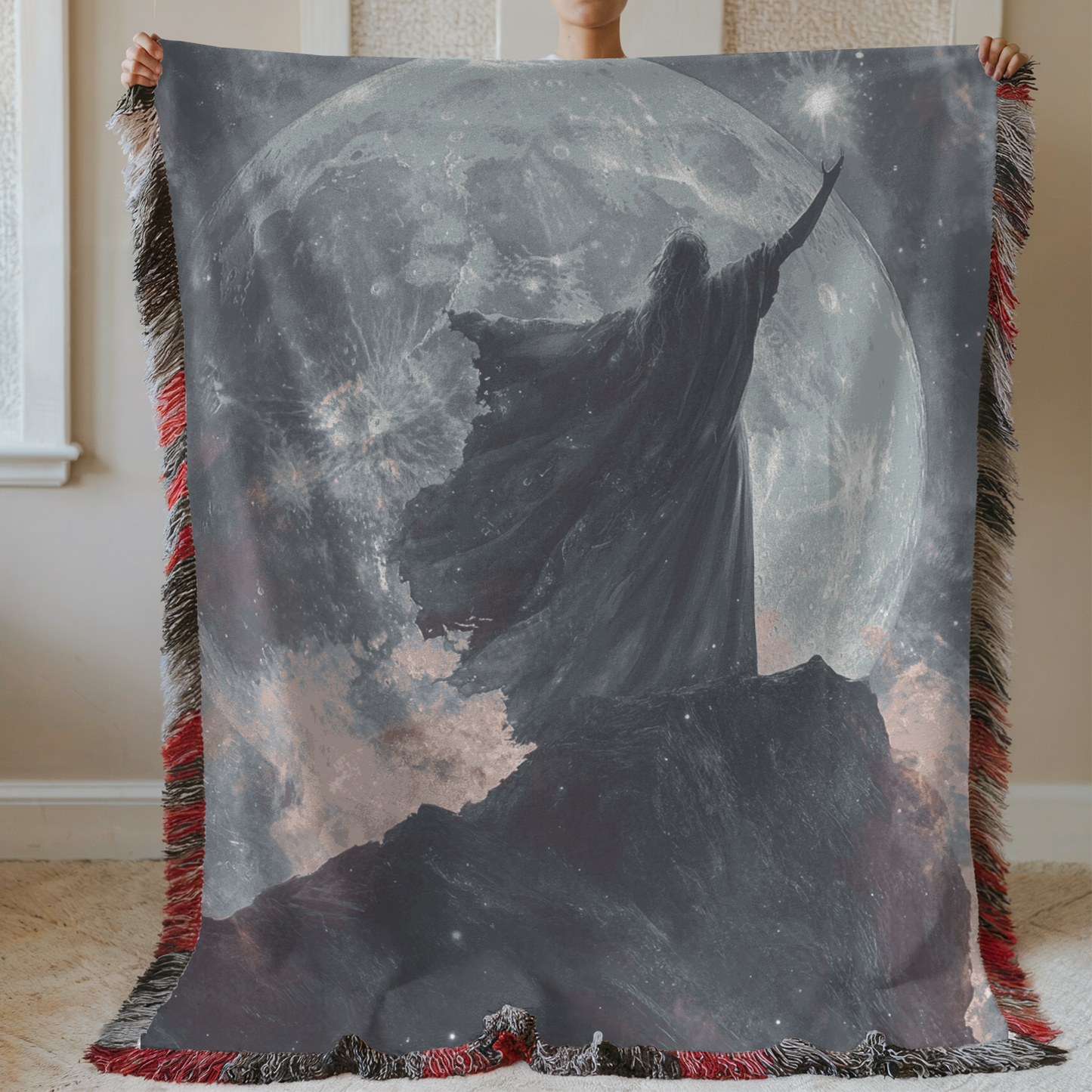 Fantasy Sorceress in Front of Moon Woven & Sherpa Fleece Blankets