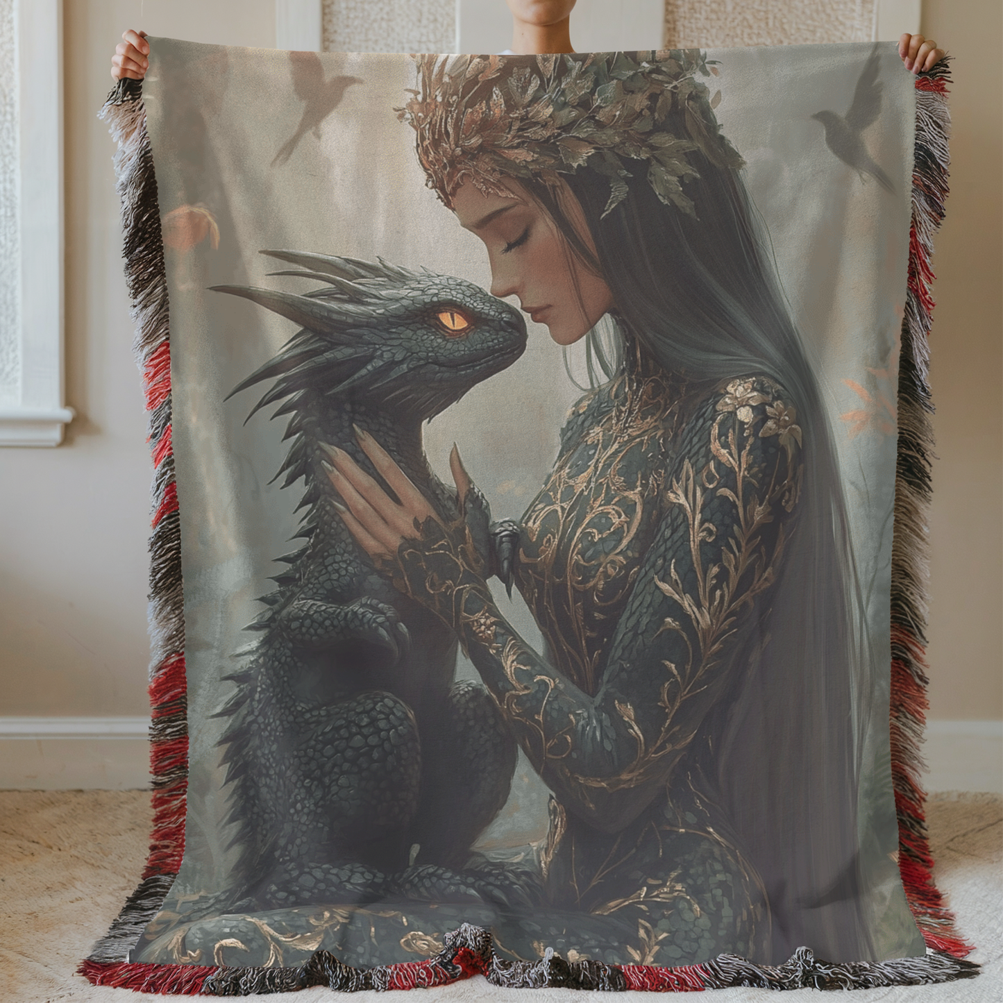 Fantasy Lady Warrior Holding Dragon Woven & Sherpa Fleece Blankets