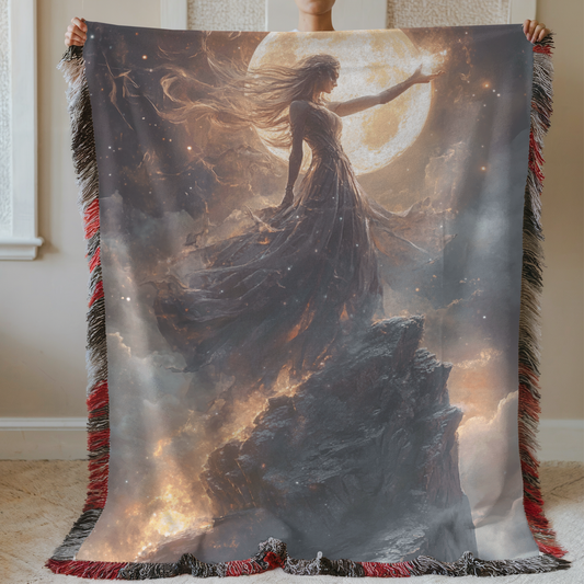 Fantasy Sorceress Worshiping the Moon Woven & Sherpa Fleece Blankets