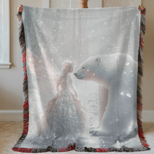 Fantasy Magic Fairy and Polar Bear Woven & Sherpa Fleece Blankets