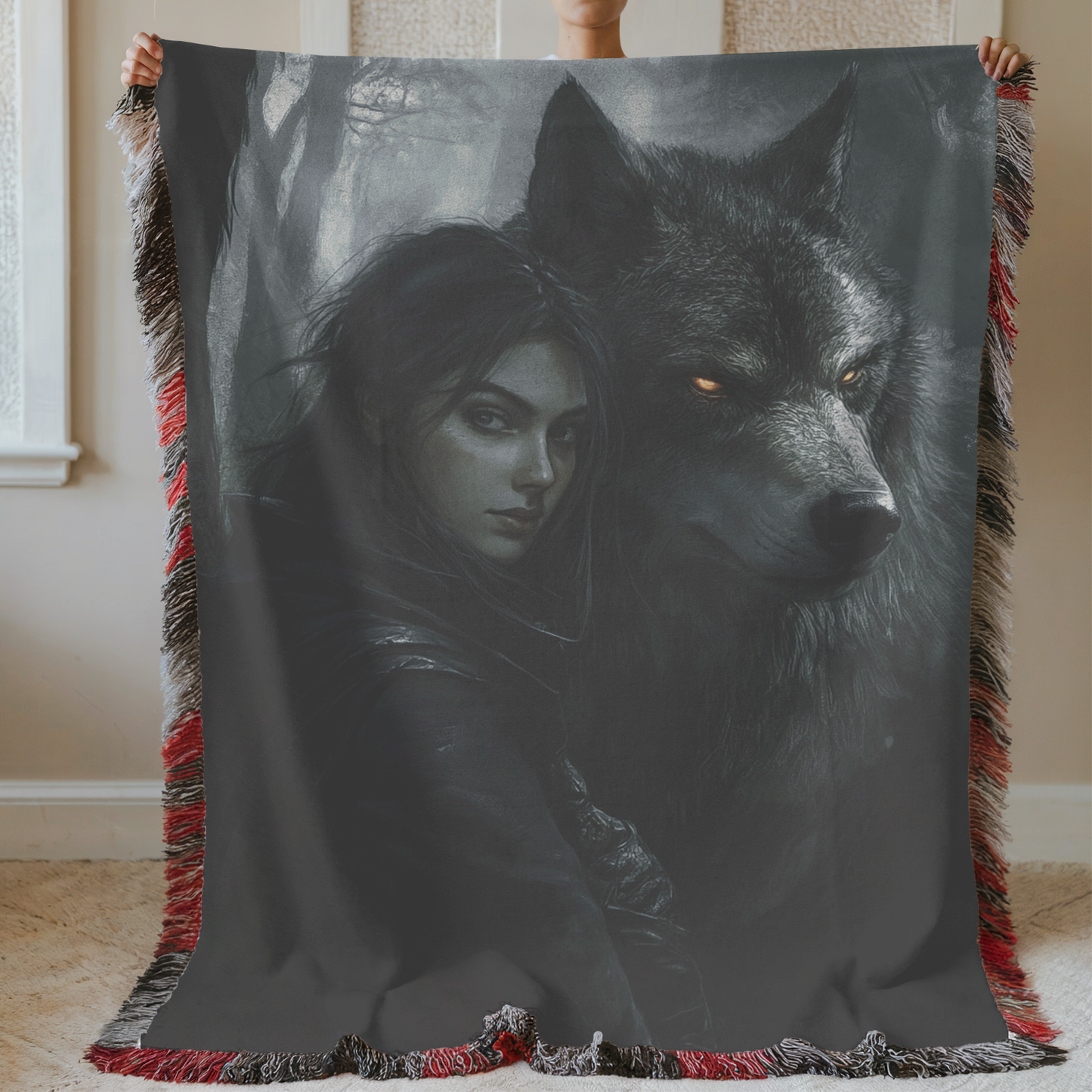 Fantasy Woman and Her Werewolf Woven & Sherpa Fleece Blankets