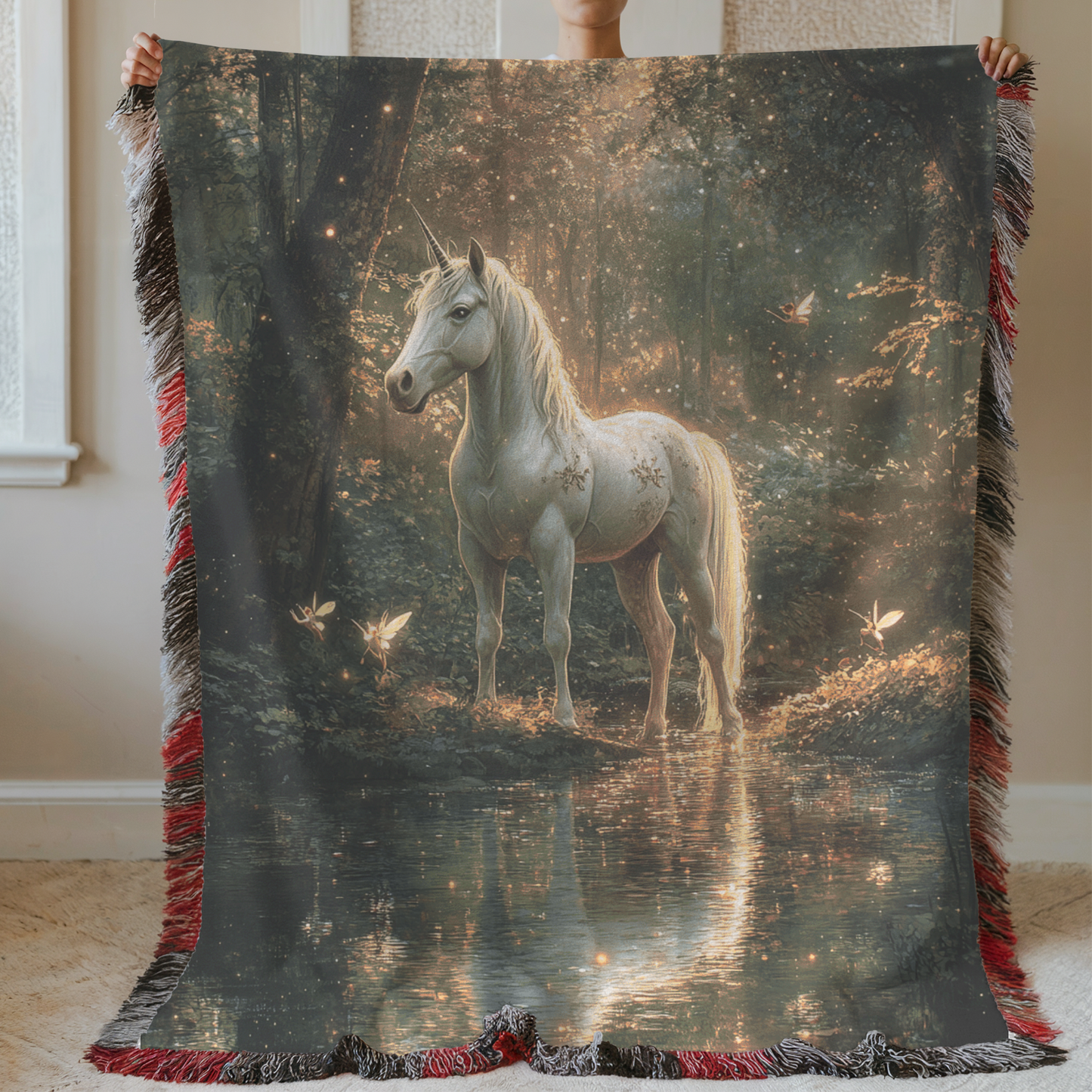 Fantasy Unicorn in Forest and Faeries Woven & Sherpa Fleece Blankets