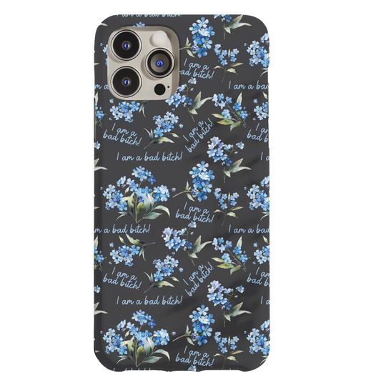 a black phone case with blue flowers on it