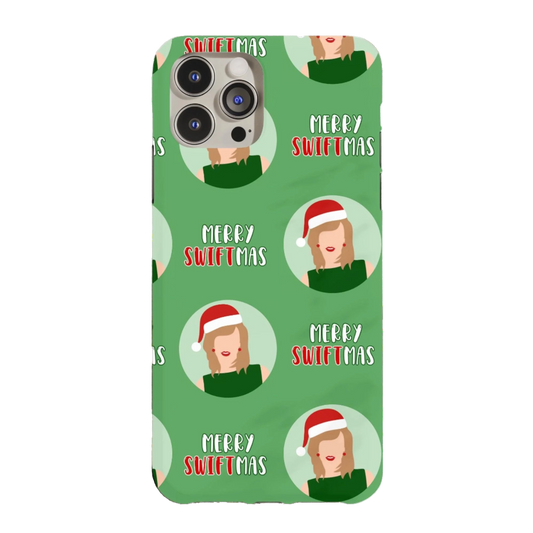 a green phone case with a picture of a person wearing a santa hat