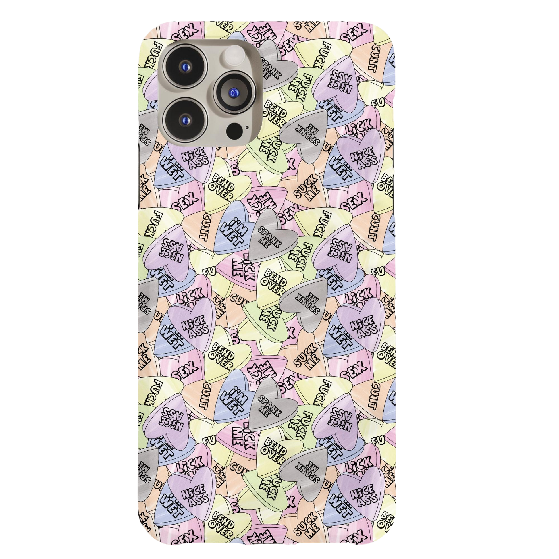 a phone case with hearts and words on it