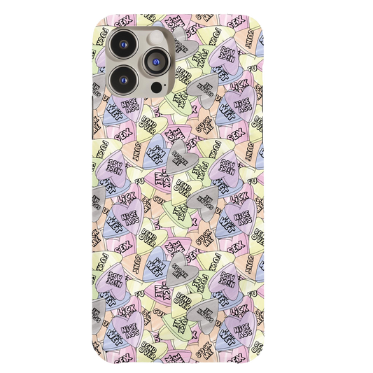 a phone case with hearts and words on it