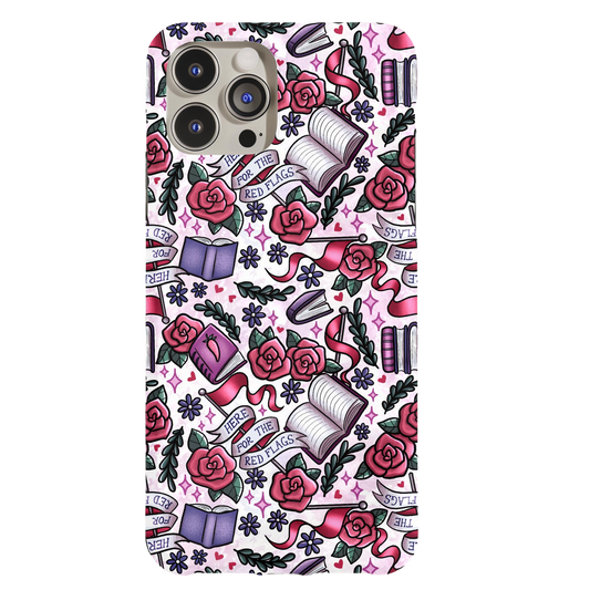 a phone case with roses and books on it