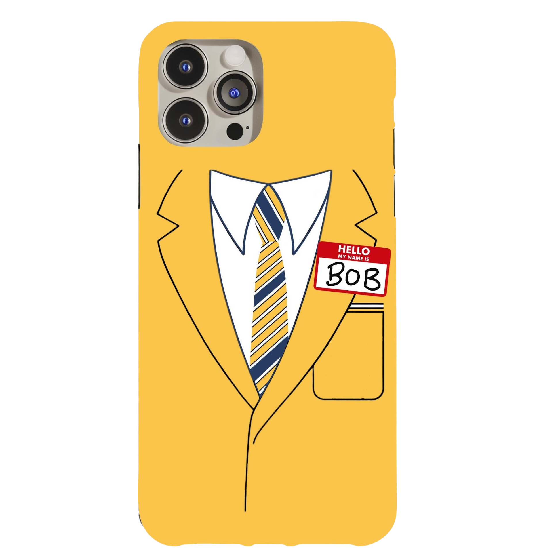 a yellow phone case with a picture of a man in a suit