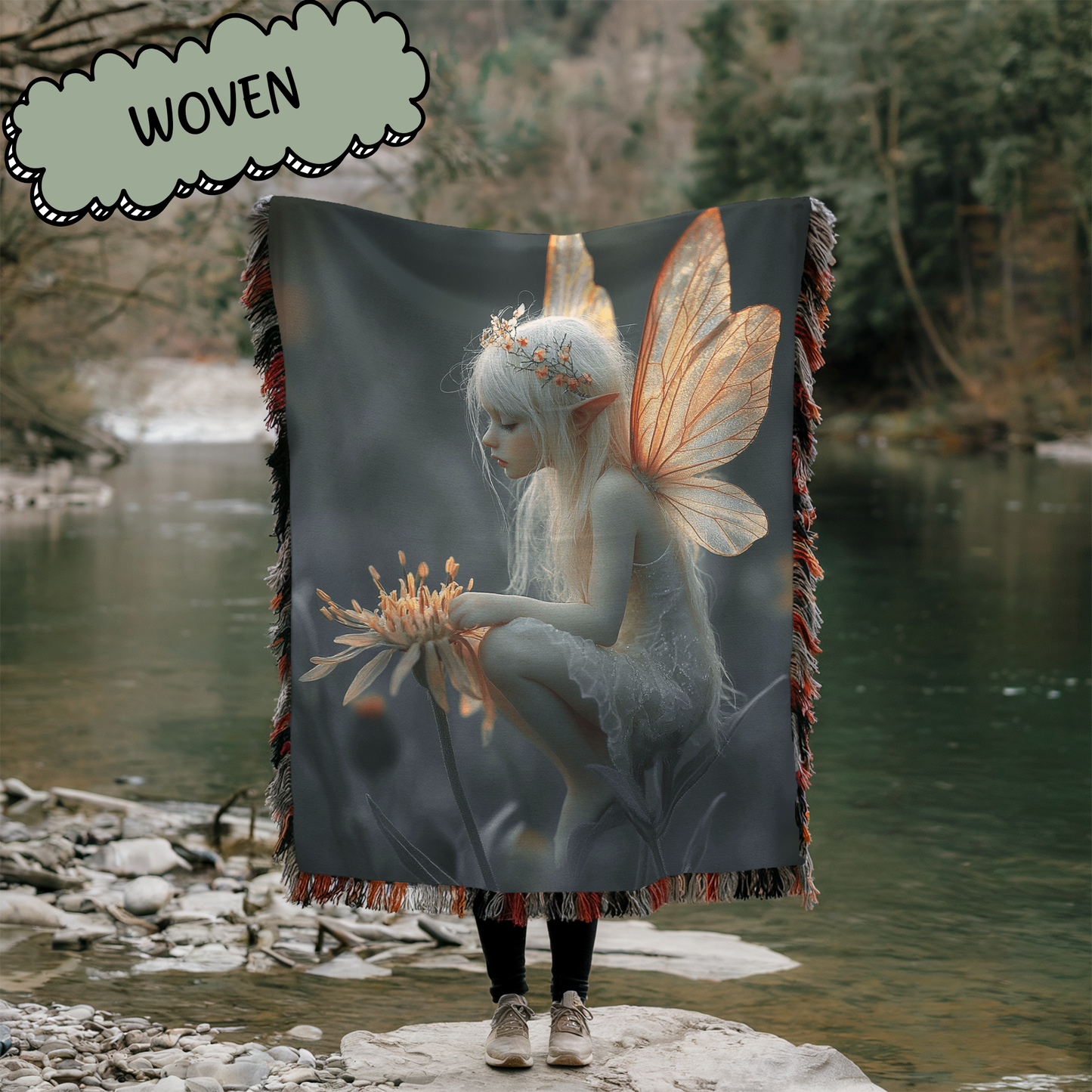 Fantasy Fairy Sitting In A Flower Woven & Sherpa Fleece Blankets