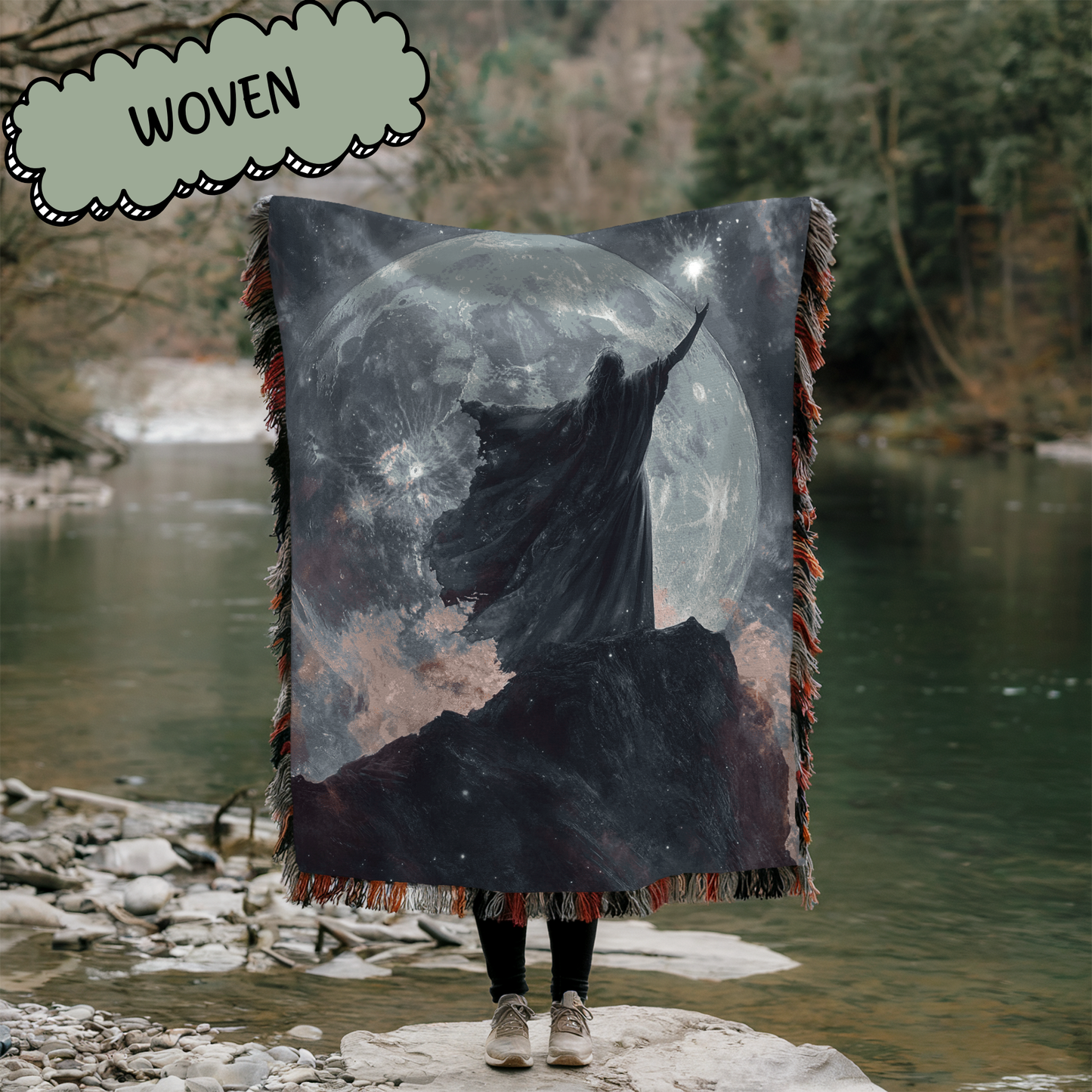 Fantasy Sorceress in Front of Moon Woven & Sherpa Fleece Blankets