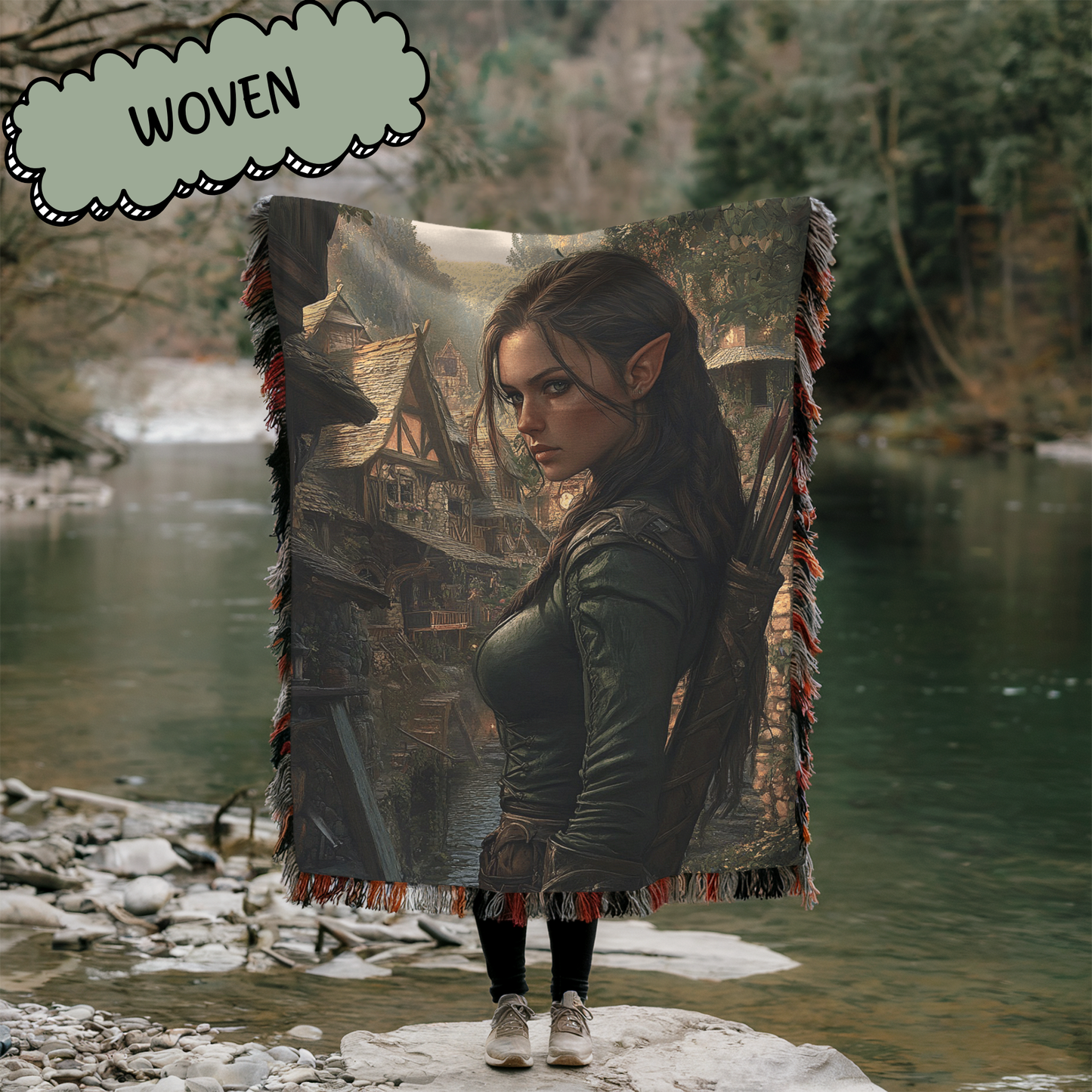 Fantasy Brunette Warrior Fairy in Village Woven & Sherpa Fleece Blankets