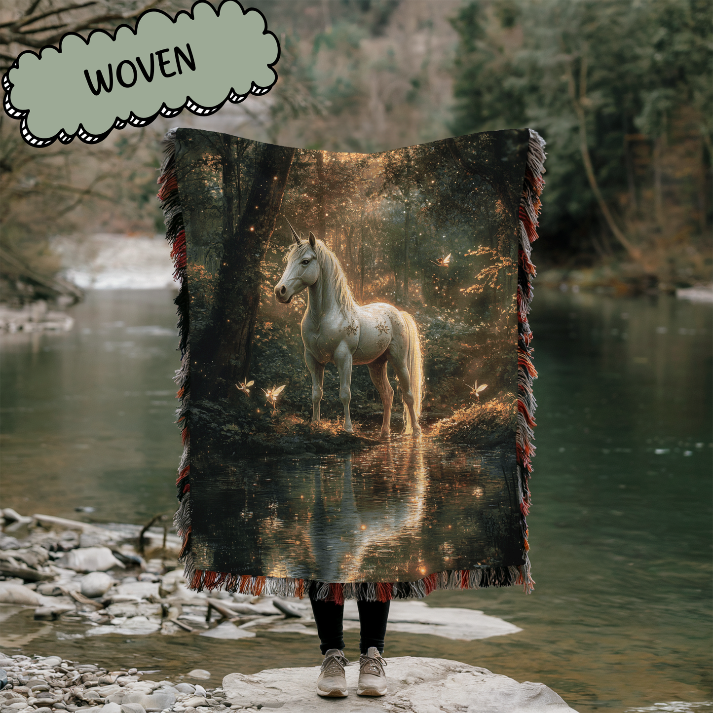 Fantasy Unicorn in Forest and Faeries Woven & Sherpa Fleece Blankets