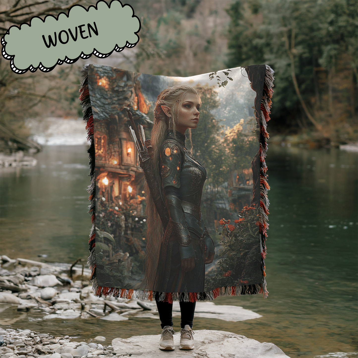 Fantasy Blonde Warrior Fairy in Village Woven & Sherpa Fleece Blankets