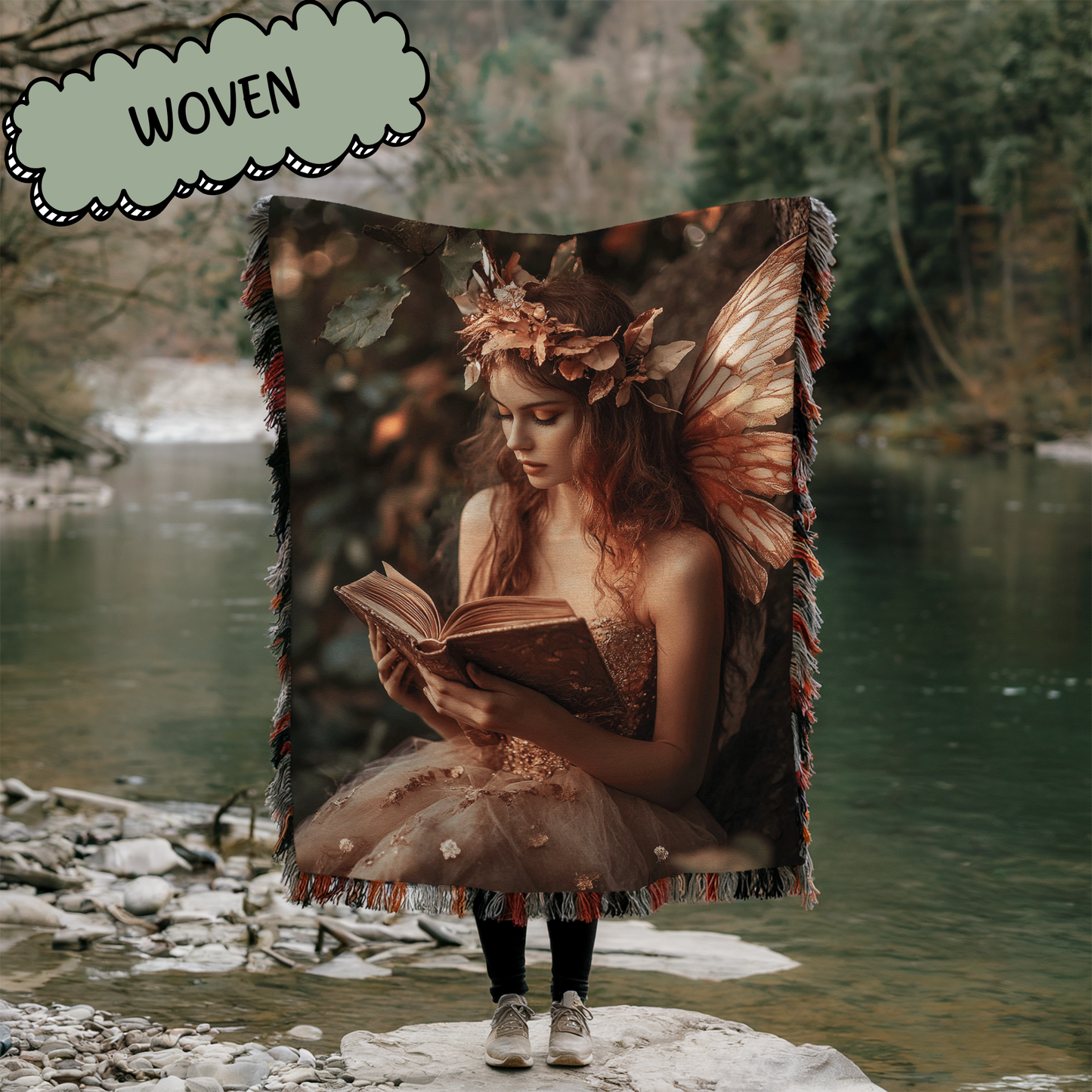 Rose Gold Fantasy Faerie Reading Book Woven & Sherpa Fleece Blankets