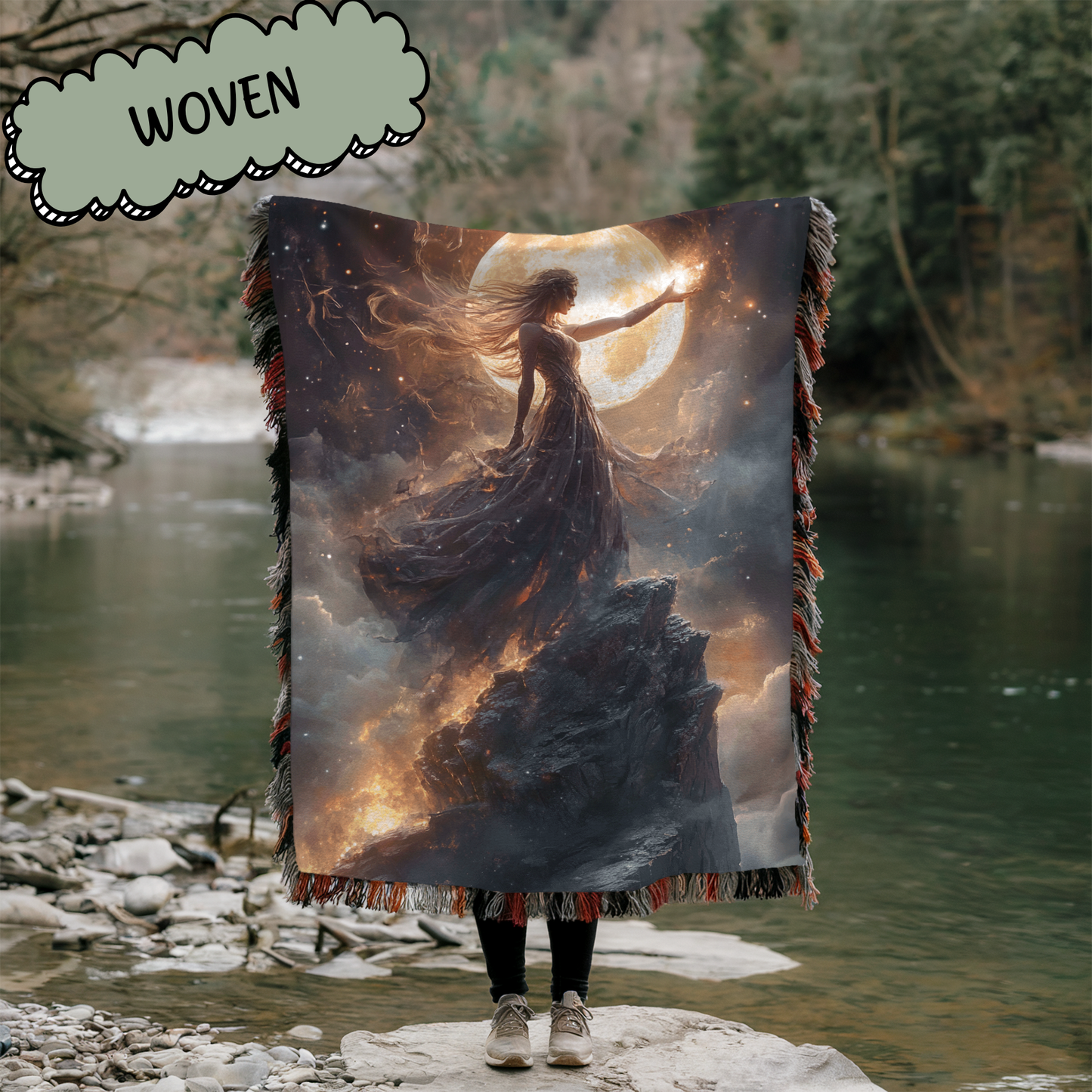 Fantasy Sorceress Worshiping the Moon Woven & Sherpa Fleece Blankets