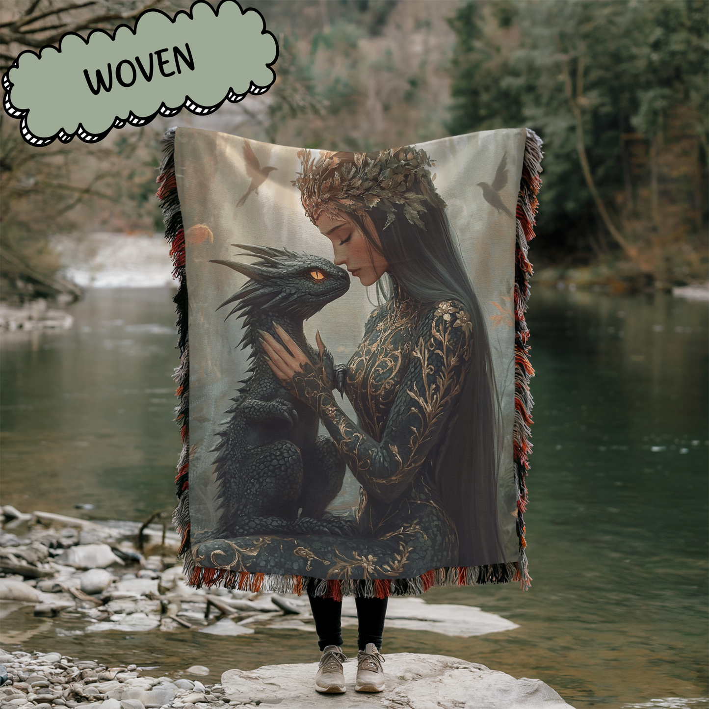 Fantasy Lady Warrior Holding Dragon Woven & Sherpa Fleece Blankets