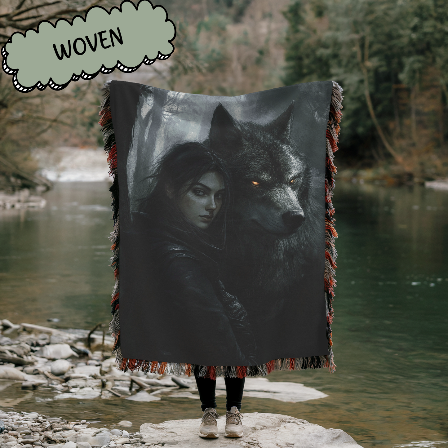 Fantasy Woman and Her Werewolf Woven & Sherpa Fleece Blankets