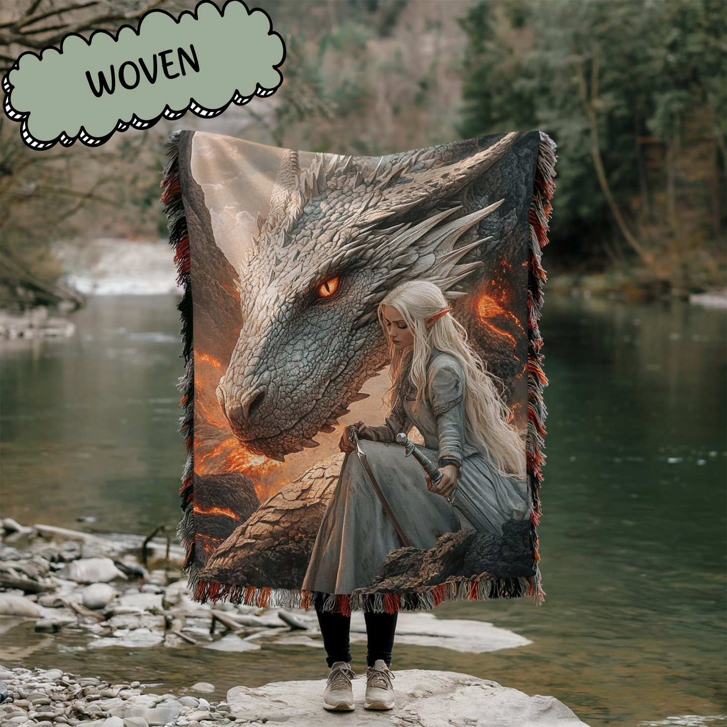 Fantasy Faerie and White Dragon Woven & Sherpa Fleece Blankets