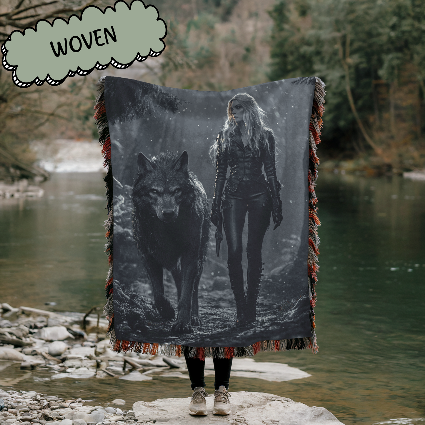 Fantasy Woman Warrior and Her Werewolf Woven & Sherpa Fleece Blankets