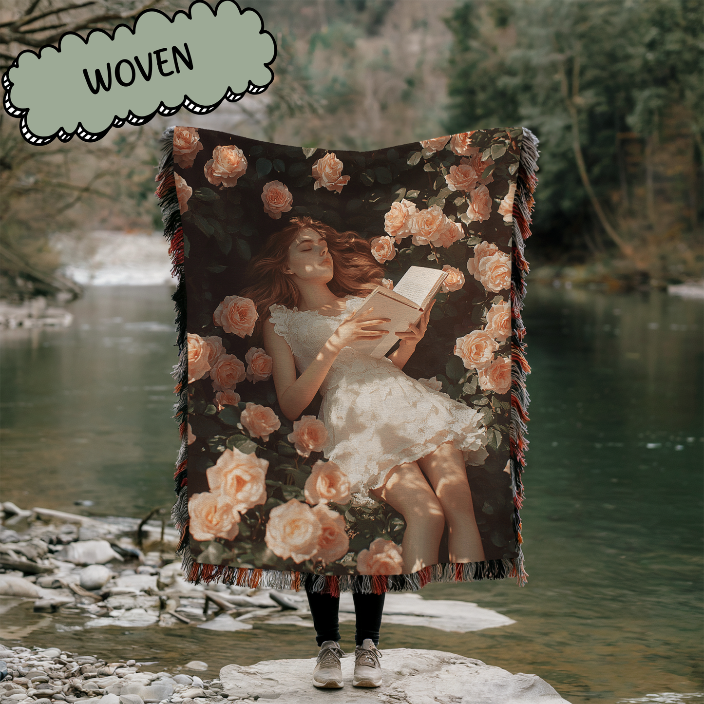 Bookish Girl Reading in Flowers Woven & Sherpa Fleece Blankets