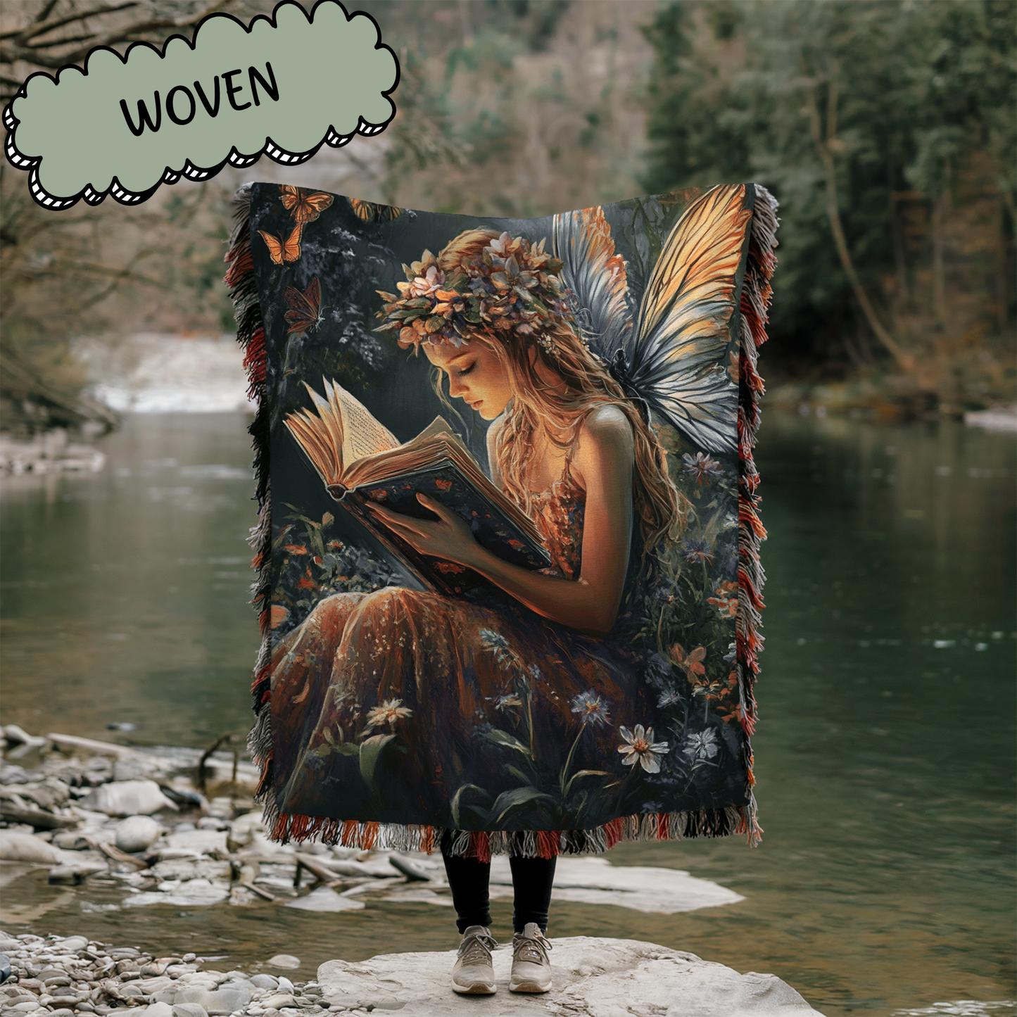 Fantasy Drawing Faerie Reading Book Woven & Sherpa Fleece Blankets