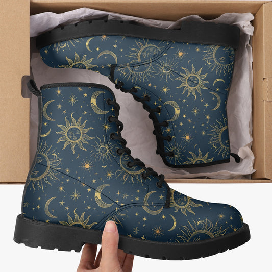 Celestial Sun Moon Leather Combat Boots