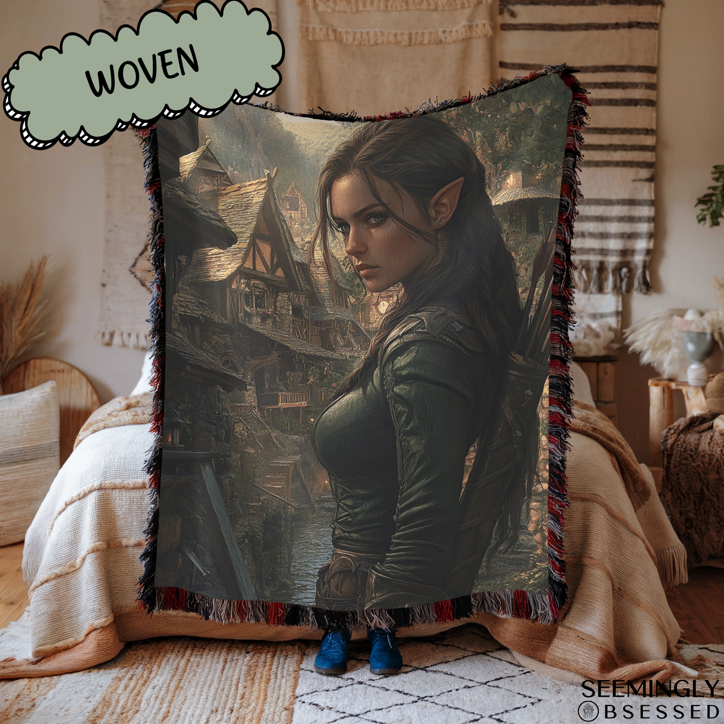 Fantasy Brunette Warrior Fairy in Village Woven & Sherpa Fleece Blankets