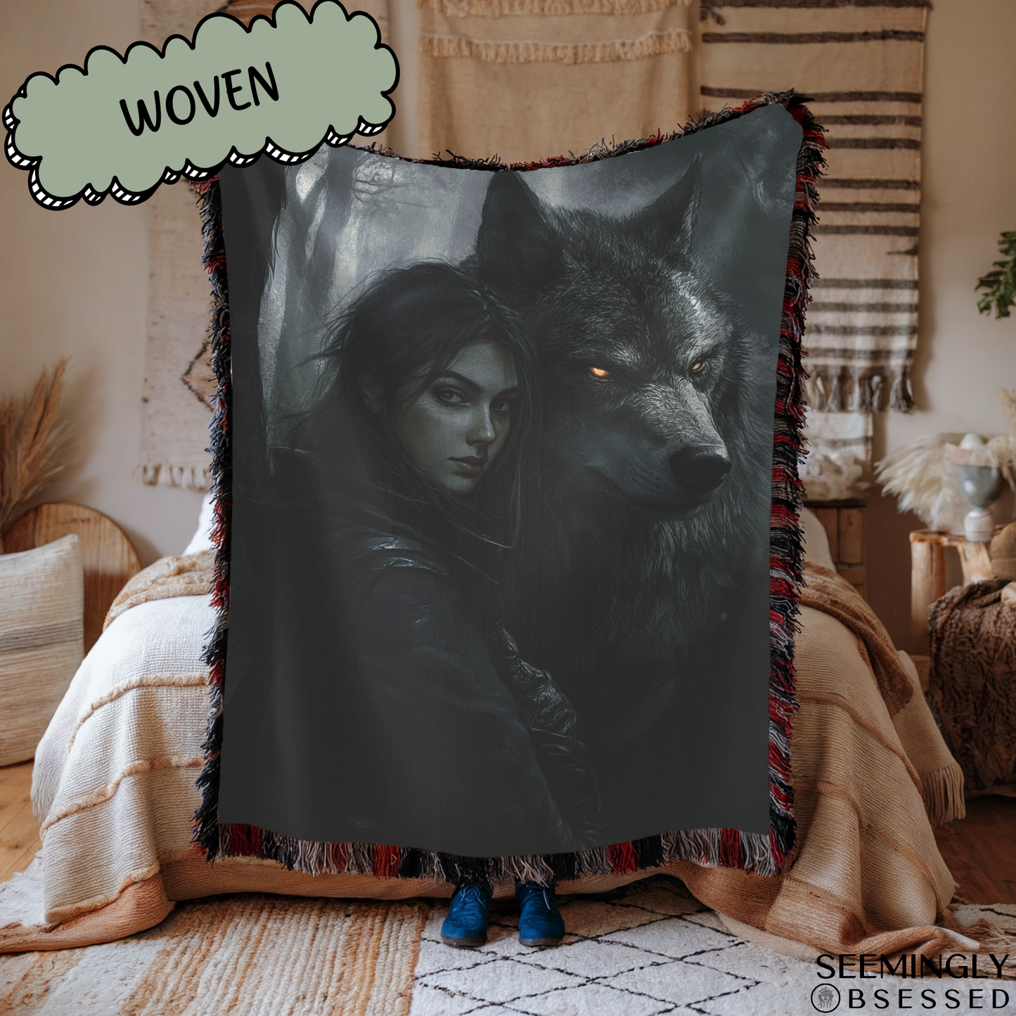 Fantasy Woman and Her Werewolf Woven & Sherpa Fleece Blankets