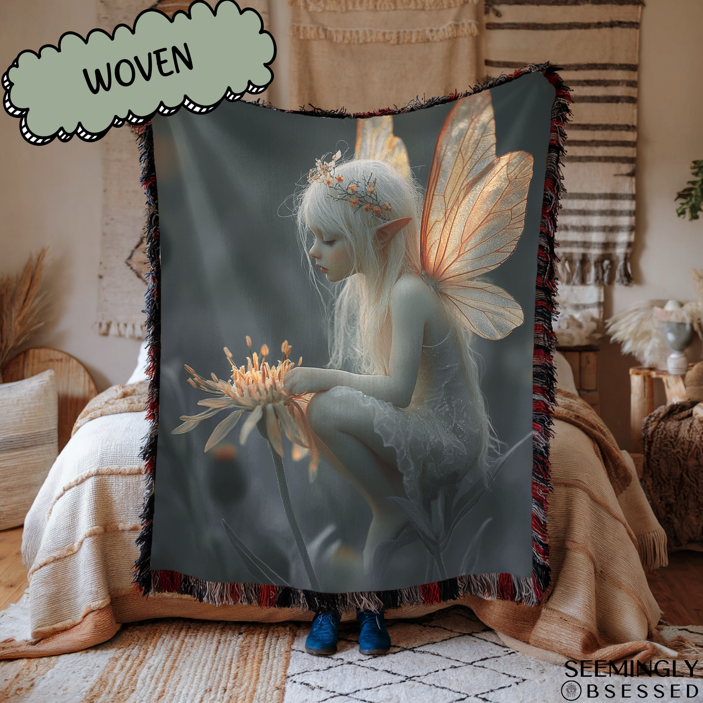 Fantasy Fairy Sitting In A Flower Woven & Sherpa Fleece Blankets