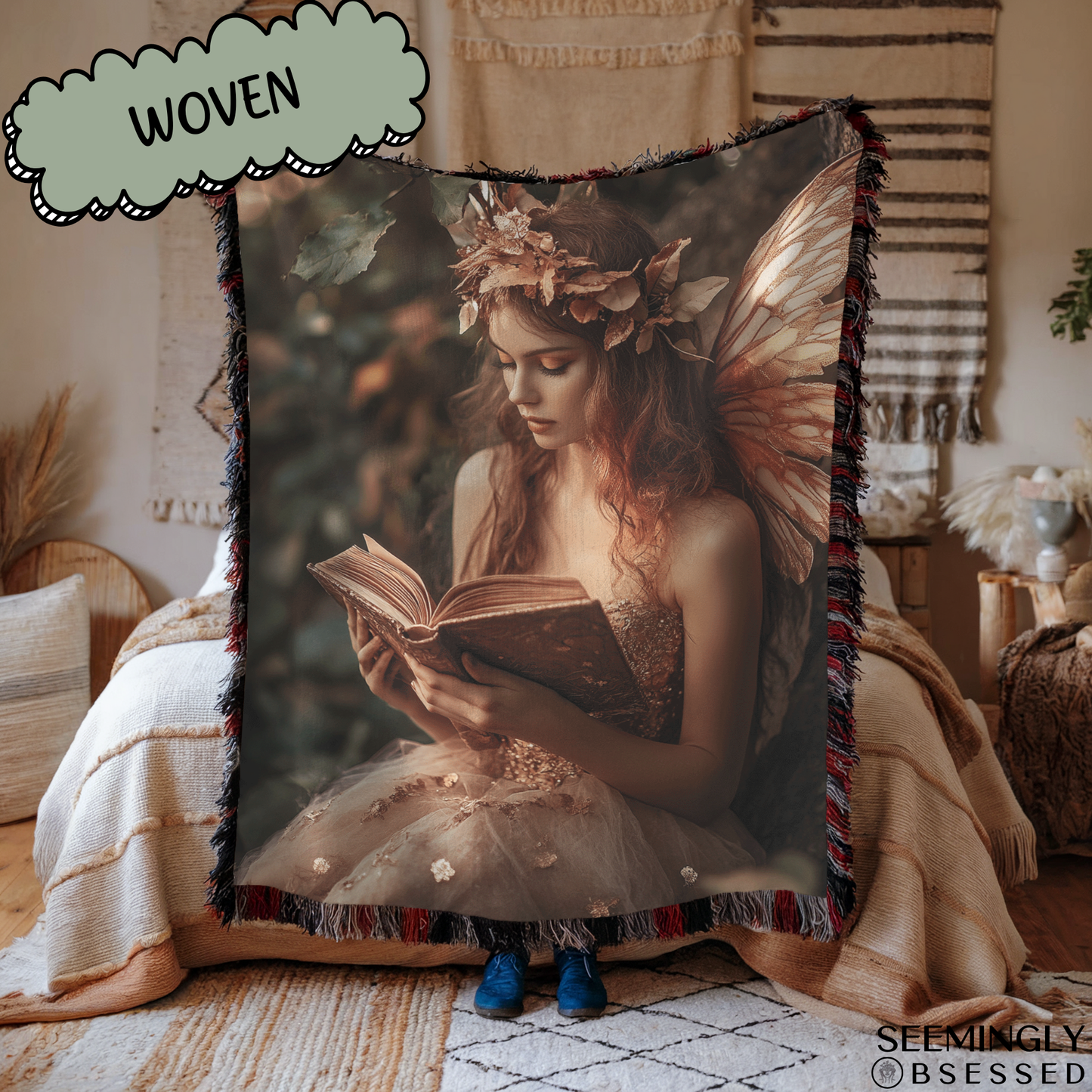 Rose Gold Fantasy Faerie Reading Book Woven & Sherpa Fleece Blankets