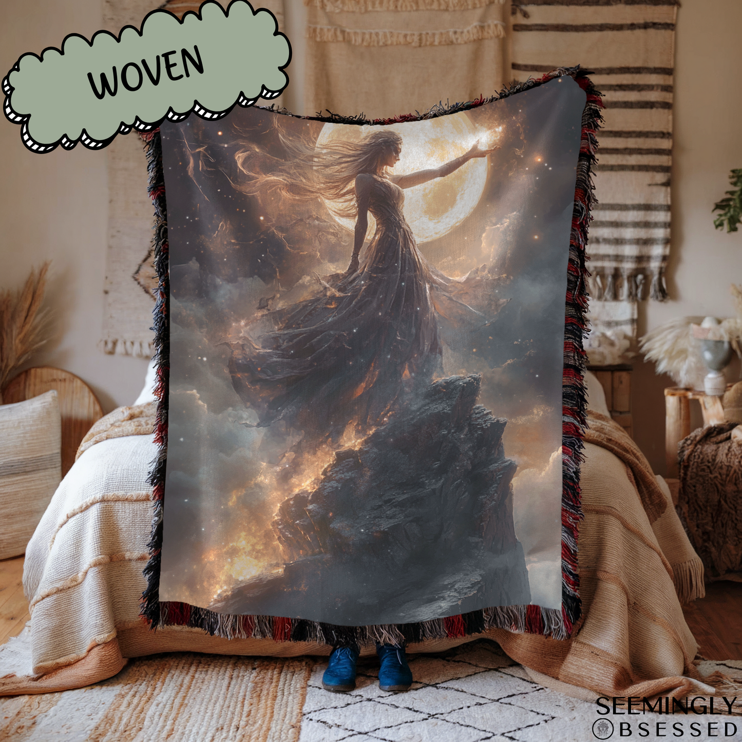 Fantasy Sorceress Worshiping the Moon Woven & Sherpa Fleece Blankets