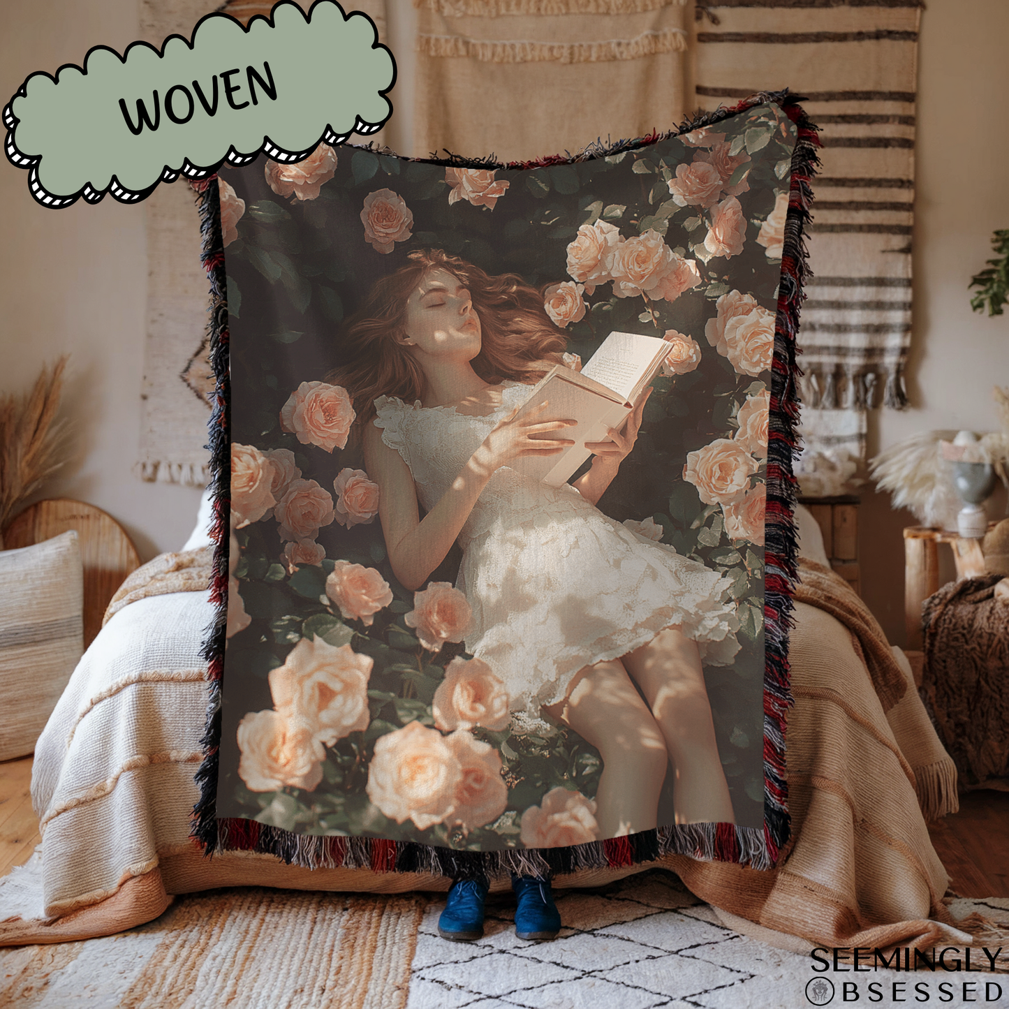 Bookish Girl Reading in Flowers Woven & Sherpa Fleece Blankets